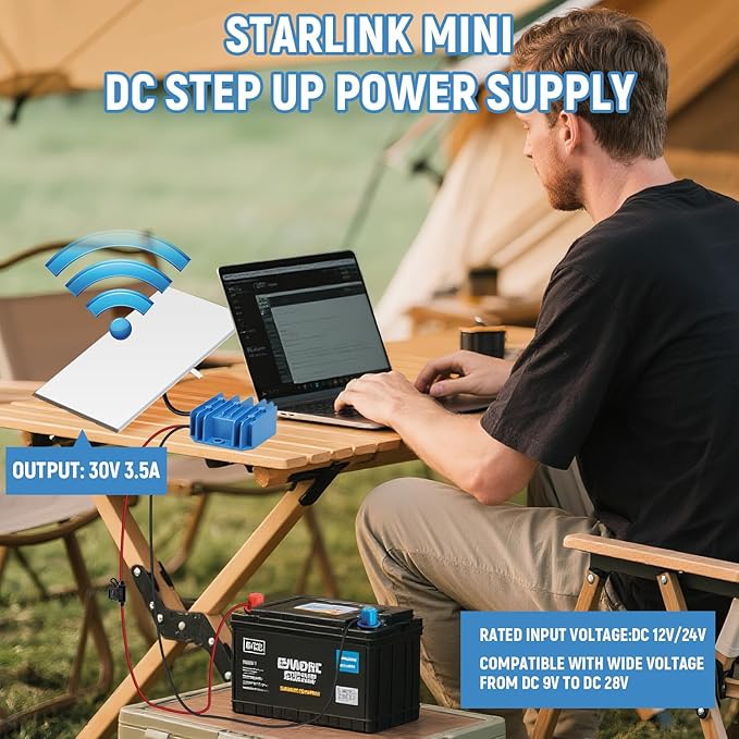 Starlink Mini 12V Adapter Power Cable, 12V/24V Starlink Mini Power Supply DC Step Up Converter to 30V 3.5A, Compatible with Battery/RV/Generator/Yacht/Solar Panels Off-Grid Power Solution with Fuse