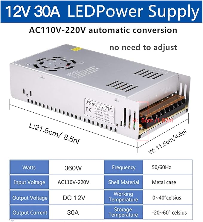 30A 360W 12V DC Power Supply, Universal Regulated Switching AC 110V/220V to DC Converter (SMPS) Transformer Driver Adapter for LED Strip Lights, CCTV Camera System, 3D Printer, Radio, Computer Project
