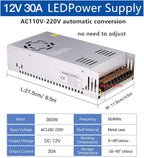 30A 360W 12V DC Power Supply, Universal Regulated Switching AC 110V/220V to DC Converter (SMPS) Transformer Driver Adapter for LED Strip Lights, CCTV Camera System, 3D Printer, Radio, Computer Project