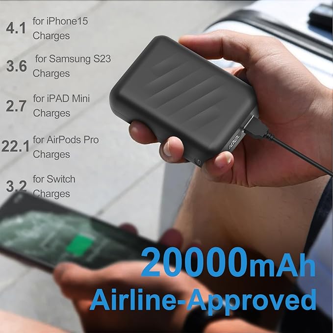 20000mAh Battery Pack for Heated Vest-5V/7.4V Rechargeable Power Bank with LED Display and DC/USB Output for Heated Jacket,Fast Charging Powerbank Compatible with iPhone iPad Samsung