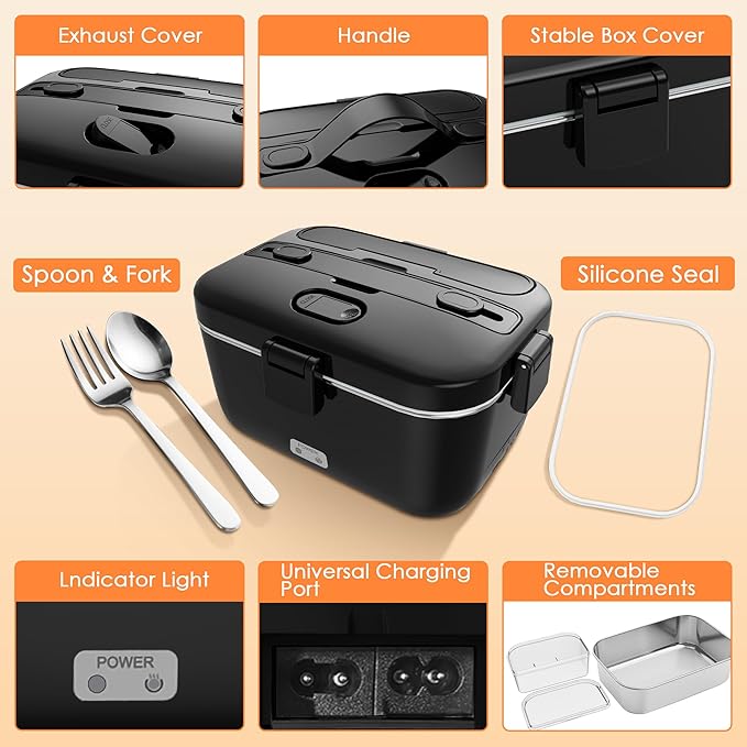 COZYEXPERT Electric-Lunch-Box-Heated-Food-Warmer 100W Heating Lunchbox for Adults 1.8L Portable Food Heater for Work/Car, 12V/24V/110-230V Lonchera Eléctrica Portátil with Fork Spoon (Black)