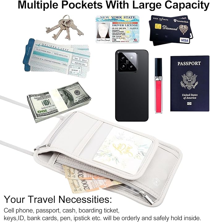 Travel Neck Wallet with RFID Blocking Passport Holder, RFID Blocking Stash Neck Wallet, Neck Storage Bag for Keeping Credit Cards & Travel Documents Safe & Small Change (Ash Gray)
