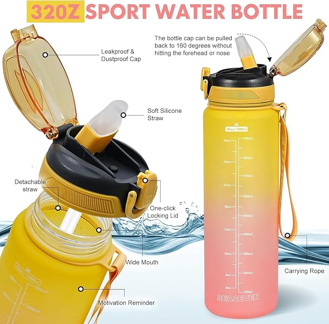 Water Bottle with Straw 1L,Boys Water Bottles with Straw 1 Litre,Waterbottle Leak-Proof Sports Water Bottle,Plastic Drinks Bottles Toxin Free，Bpa-Free (Yellow Pink)