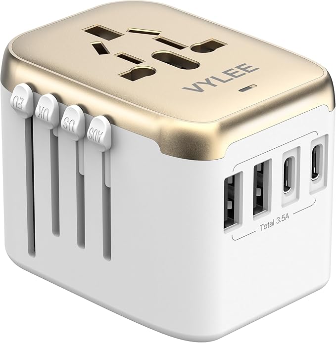 VYLEE Universal International Power Travel Plug Adapter, 5 in 1 European Travel Plug Adapter W/ 3.5A 2xUSB-A and 2xUSB C Wall Charger and Worldwide AC Outlet for Europe USA UK AUS Asia (White Gold)