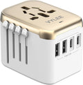 VYLEE Universal International Power Travel Plug Adapter, 5 in 1 European Travel Plug Adapter W/ 3.5A 2xUSB-A and 2xUSB C Wall Charger and Worldwide AC Outlet for Europe USA UK AUS Asia (White Gold)
