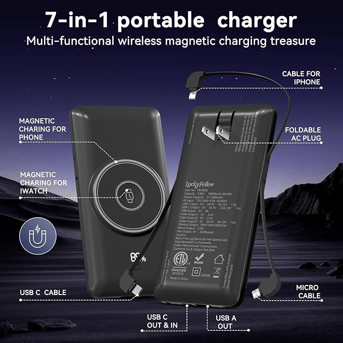 Magnetic 10000mAh Portable Charger for iWatch & iPhone, PD Fast Charging Wireless Power Bank Built-in Cables and Wall Plug, External Travel Battery Pack Compatible with iOS Android Phones