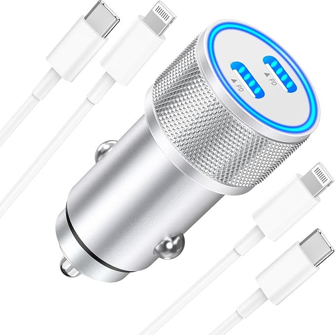 [Apple MFi Certified] iPhone Car Charger, Linocell 60W Dual PD USB-C Poewr Cigarette Lighter USB-C Car Carplay Fast Charger + 2Pack Type-C to Lightning Cable for iPhone 14 13 12 11 Pro XS XR X SE iPad