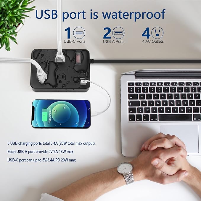 Outdoor Power Strip Weatherproof,Fast Charging Station 20W USB C,Waterproof Surge Protector 4 Outlets, Multi Outlet Extension for Camping, Garden, Kitchen,Bathroom,Flat Plug (Black, 25 FT Cable)