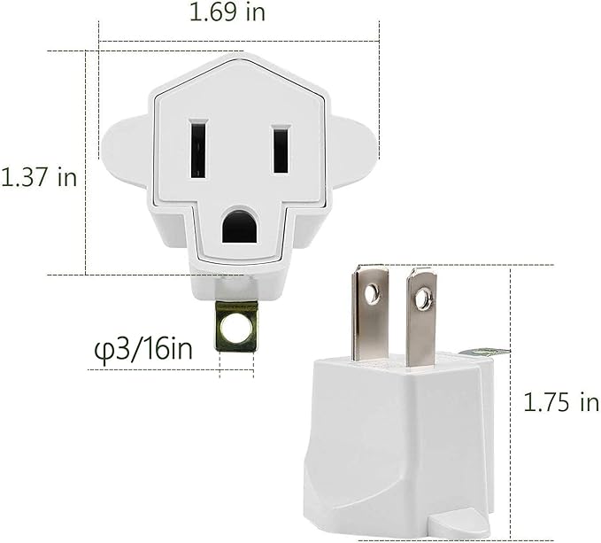3 Prong to 2 Prong Polarized Grounding Adapter Wall Outlet Converter, JACKYLED 3-Prong Adapter Converter Fireproof Material 392℉ Resistant Heavy Duty for Household, Electrical, Indoor Use Only, 6 Pack