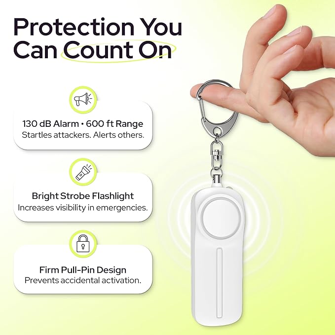 Weten Personal Safety Alarm Keychain - 130dB Siren, LED Light, Panic Pin – Compact Self-Defense Device and Emergency Whistle Alternative for Women, College, Travel, and Night Walk Protection (White)