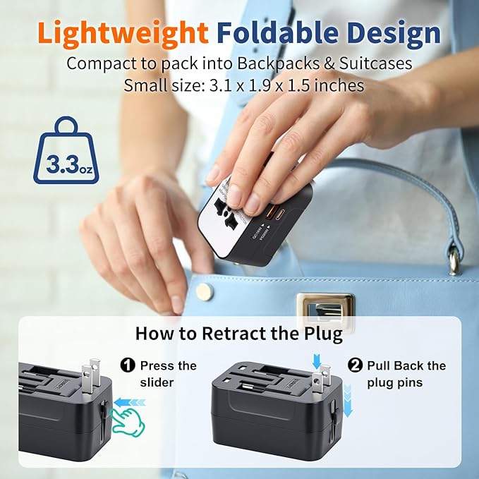 Travel Adapter Fast Charge, GaN Worldwide All in One Universal Travel Adapter with PD3.0 Type C & USB-A Quick Charging Portable Wall Charger AC Power Plug Adapter for USA EU UK AUS, White