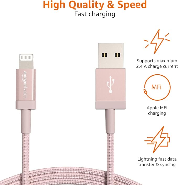 Amazon Basics 2-Pack USB-A to Lightning Cable, Apple MFi Certified, Nylon Braided Cord for iPhone 14 13 12 11 X Xs Pro, Pro Max, Plus, iPad, Data Sync, High Speed Transfer, 6 Foot, Rose Gold