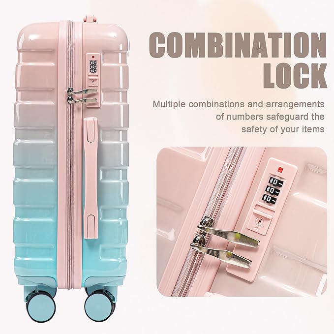 20 Inch Carry on Luggage with 14 Inch Cosmetic Case, 2 Pcs Hardshell Lightweight Durable Spinner Suitcase Set for Travel, Women, Men, TSA Lock, ABS, 20+14 Inch, Blue Pink