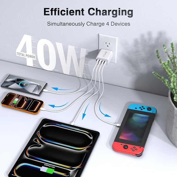 [2-Pack] 40W USB C Charger Cube, Wall Plug Fast Charging Block, 4-Port PD+QC Power Adapter Multiport Brick Type C Box for iPhone 17/16/15/14/13/12/11/Pro Max/XS/XR/8/7, Tablets, Samsung