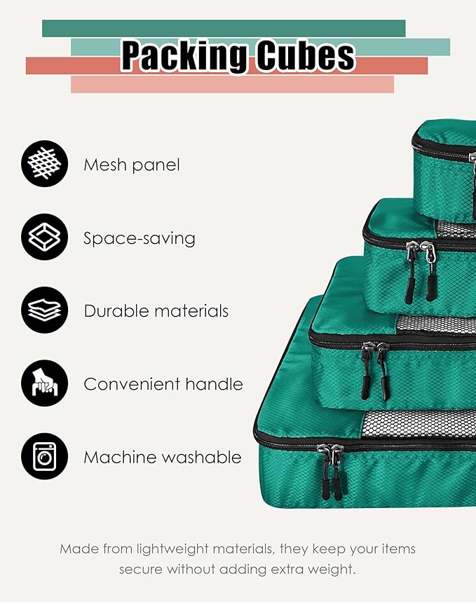 WTREE 4-Piece Packing Cubes Travel Accessories Set for Suitcases - Luggage Organizer Bags with Double Zipper - Mesh Top - Small/Medium/Large/Slim - Green