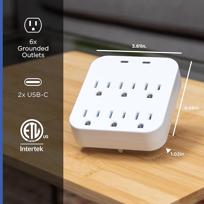 GE 6-Outlet Grounded Tap, Grounded Adapter, Outlet Splitter, Charging Station, 3-Prong, Plug Adapter, Cruise Essentials, ETL Listed, 2 USB-C, 12W, Wall Tap, White - 85851