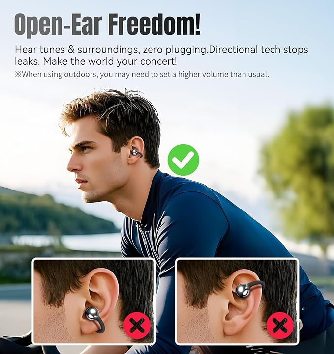 King Lucky Clip-On Earbuds Gen 3, Open-Ear Wireless Bluetooth 6.0 Headphones with Mic, Secure Fit for Small Ears & Glasses Wearers, 50H Playtime, ENC, IPX5 Waterproof Sport Ear Buds (Black)