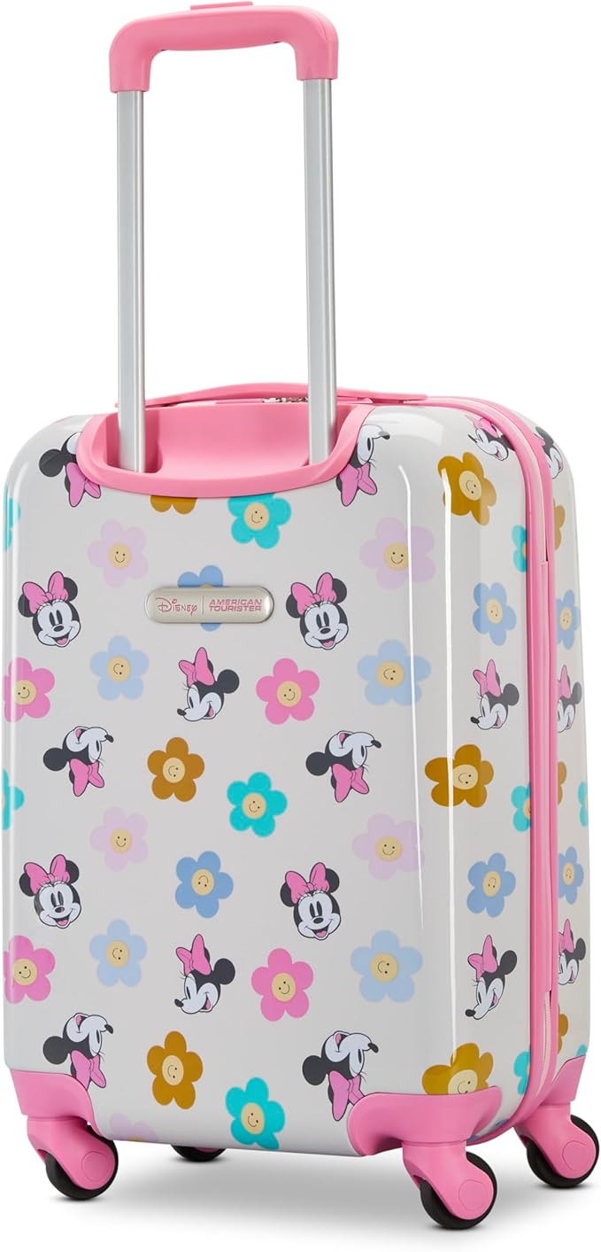 American Tourister Minnie Mouse Carry-On Luggage - Airline Approved, Durable Hardshell with Vibrant Minnie Mouse Design - Roll Confidentially with Spinner Wheels & Colorful Adjustable Handle