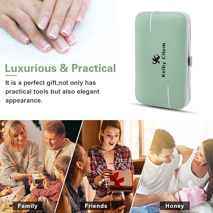 Manicure Set, Travel Mini Nail Clippers Kit Pedicure Care Tools, 10pcs Stainless Steel Grooming kit (Green)