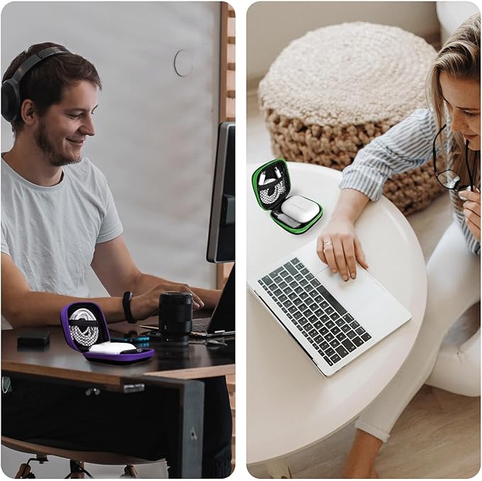 2Pack Square Earbud Case Portable EVA Carrying Case Storage Bag Cell Phone Accessories Organizer with Carabiner for Earphone, Earbud, Earpieces, SD Memory Card, Camera Chips-Purple/Green