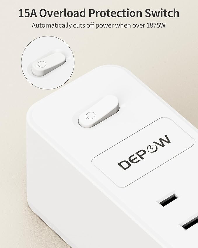 DEPOW Outlet Extender with 360° Rotating Plug, 6 AC Outlet Splitter (1875W/15A), Multi Plug Wall Outlet with Power Switch, White Outlet Adapter for Home Office Cruise Ship Travel Essential