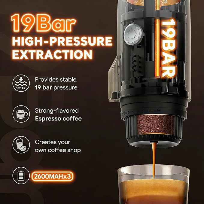 Portable Electric Espresso Machine Travel Coffee Maker for Camping 3 in 1 Self-Heating for Ground Coffee & DG NS Capsule Pods For Travel Camping and Hiking (Space Grey)