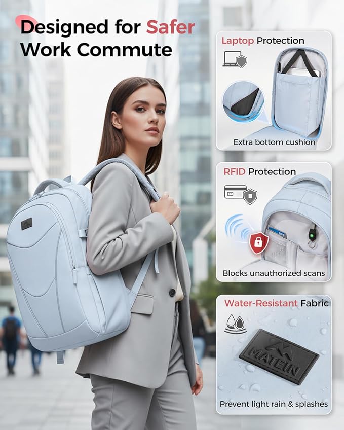 MATEIN HER Nurse Backpack for Women with Lunch Compartment, Water Resistant Work Backpack with Water Bottle Holder & RFID Pocket, Commute Office Business Travel Bag Fits 17.3'' Computer, Light Blue