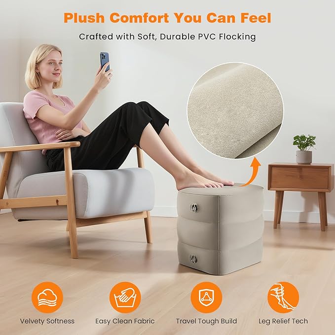 Inflatable Foot Rest Pillow for Travel, 5 Height Adjustable Leg Rest Pillow for Economy Class, Car, Office and Homes