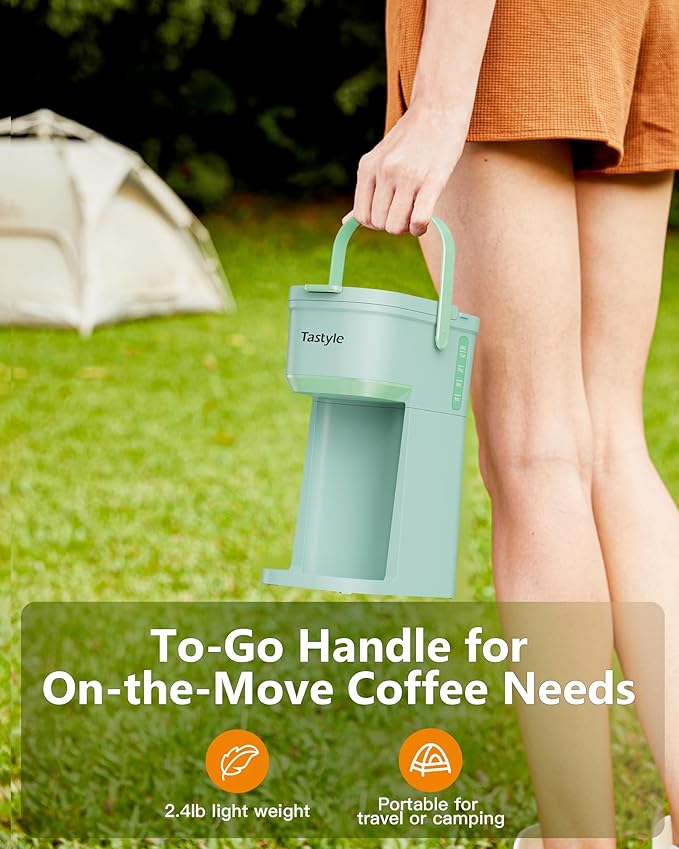 Tastyle Single Serve One Cup Coffee Maker, for K Cups and Grounds, Mini Coffee Maker with Portable Handle, 6 to 12 Oz Brew Size, for Travel, Camping, Office, RV and Dorm, 120V, Oasis