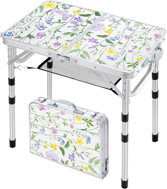 Sportneer Camping Table:Small Folding Table Portable Table 23.6" L X 15.7" W 4 Height with Mesh Layer- Adjustable Height Outdoor Table for Hiking Travel Picnic BBQ Cooking
