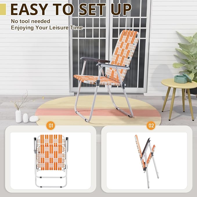 Folding Patio Lawn Webbed Chair Set of 2, Portable Outdoor Beach Chair for Adults, Camping Chair Steel Frame 300lbs Capacity for Yard, Garden Dining, Party, Picnic, 16.7" Seat Width
