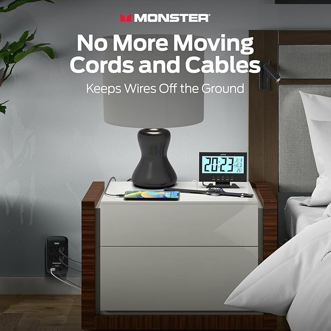 Monster 6 Outlet Wall Plug Surge Protector w/ 1,200 Joules Rating — Safe, Reliable Outlet Extender w/ 1 USB-A, 1 USB-C Charging Ports — Fireproof MOV, ETL Listed, Dual Mode Wall Tap (Black)