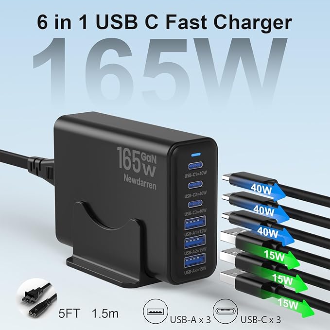 Charging Station for iPhone 17, 165W GaN 6-Port USB C Fast Charger Block, 3 Type-C Each 40W Desktop Charging Hub for Multiple Devices, 5ft Cord - Ideal for Home Office Travel Black