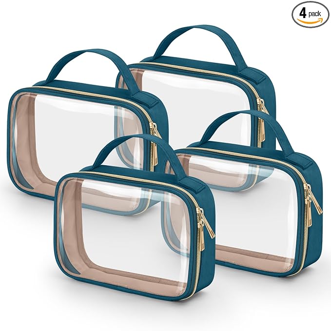 Wedama TSA Approved Toiletry Bag, 4 Pack Clear Makeup Bags with Handles, Quart Size Clear Toiletry Bags, PVC Cosmetic Bags for Women and Men, Carry on Airport Airline Compliant Bag, Til Blue