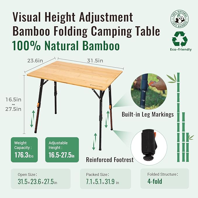 KingCamp Bamboo Folding Table, 4-Fold Camping Adjustable Height Portable Outdoor Lightweight & Compact Table with Aluminum Frame for RV Picnic BBQ Tailgating