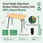 KingCamp Bamboo Folding Table, 4-Fold Camping Adjustable Height Portable Outdoor Lightweight & Compact Table with Aluminum Frame for RV Picnic BBQ Tailgating
