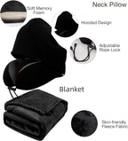 Travel Blanket Pillow Set - Travel Neck Pillow & Blanket for Airplane, Thick Fleece Plane Blanket, Hooded Memory Foam Neck Pillows, Foldable Duffel Bag, Sleep Mask, Earplugs for Plane Traveling, Black