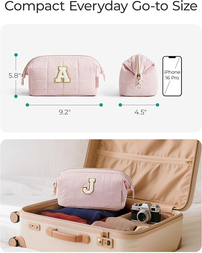 BAGSMART Birthday Gifts Personalized Initial Makeup Bag, Trendy Stuff Gifts for Women Bridesmaid Graduation, Puffy Padded Make Up Bags for Women, Wide-open Toiletry Bag, Pink E