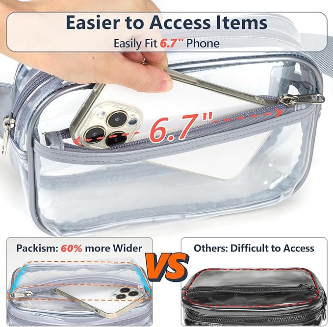 Packism Clear Fanny Pack Stadium Approved - Plus Size 35-51 inches Adjustable Strap Clear Belt Bag for Women Men Transparent Waist Bag for Concerts, Sporting Events, Grey
