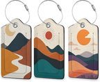 Boho Sun Mountain 3 Pack Luggage Tag for Suitcase, Leather Bag Tags with Privacy Cover ID Label and Durable Steel Loop for Cruise Airport Travel