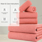 CASA COPENHAGEN Popcorn 6Pcs 100% Egyptian Cotton Large Designer Towels Gift Set- Peach, 600GSM, 2Bath 2Hand 2Washcloths, Bath Towels for Bathroom Set for Women & Men
