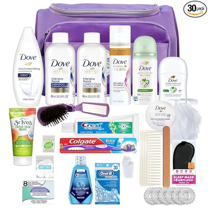Convenience Kits International Women’s Super Premium 30 PC Travel Kit Featuring: Ensemble of Travel-Size Hair Care and Body Products in Large Toiletry Bag (802) (Purple)