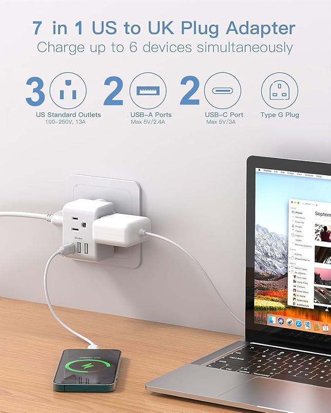 2 Pack US to UK Ireland Travel Plug Adapter, Type G Power Plug Adapter with 3 Outlets 4 USB Ports(2USB C), European Travel Plug Adapter for USA to England London Scotland British Qatar Irish Hongkong