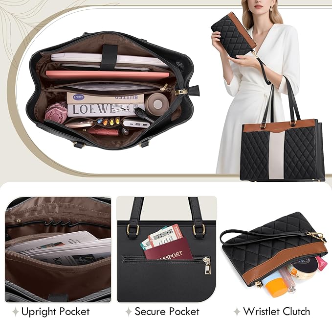 RAINSMORE Laptop Bag for Women 15.6 Inch Work Tote Bags Leather Laptop Tote Professional Laptop Purse Computer Handbag Womens Briefcase Tote with Clutch for Teacher Office Travel, Black Brown & White