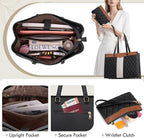 RAINSMORE Laptop Bag for Women 15.6 Inch Work Tote Bags Leather Laptop Tote Professional Laptop Purse Computer Handbag Womens Briefcase Tote with Clutch for Teacher Office Travel, Black Brown & White