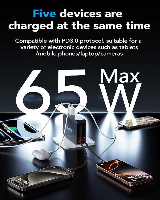 65W for MacBook Pro Charger,5-in-1 Retractable Wall Charger Plug for iPhone 17, Dual 3.94 ft PD USB C Cable&3 Ports, Fast Charging Block for Mac Book Pro/Air, M1 M2 M3 M4 M5, iPad Pro,Galaxy,Pixel