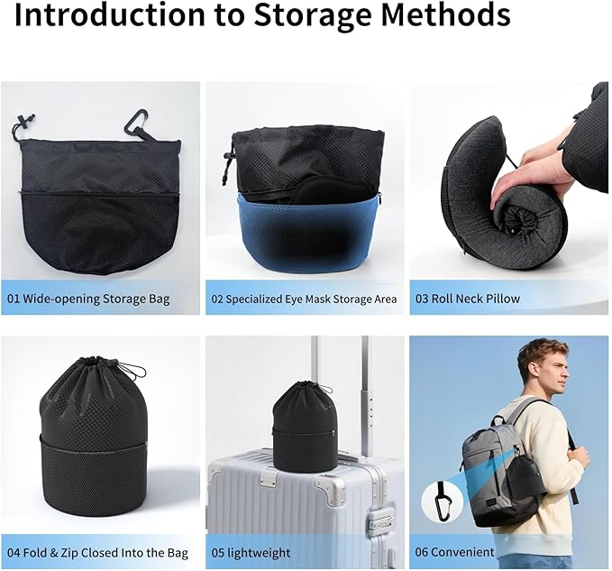Novelty Patented Head-bobble-preventing Ergonomic 360° Supporting Memory Foam Travel Neck Pillow w/ 3D Contoured Eye Mask Sleeping Essentials Combo for Airplane Long Flight Train Bus Car Trip