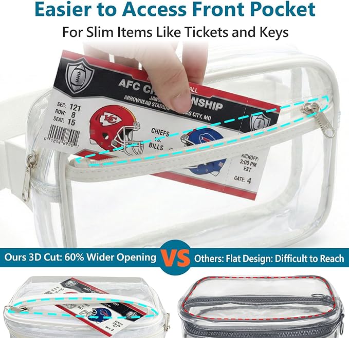 Veckle Clear Fanny Pack Stadium Approved - Plus Size 35-51 Inch Adjustable Strap Transparent Belt Bag for Women Fits 7.5" Smartphone, Clear Bag for Stadium Events Concerts, 2-Pack, 1 Black & 1 White