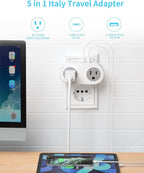2 Pack Italy Travel Plug Adapter, VINTAR US to Italy Power Adapter with 1 USB C 2 USB A Ports and 2 American Outlets, 5 in 1 Outlet Adapter, Type L Plug Adapter for USA to Italy Uruguay Chile