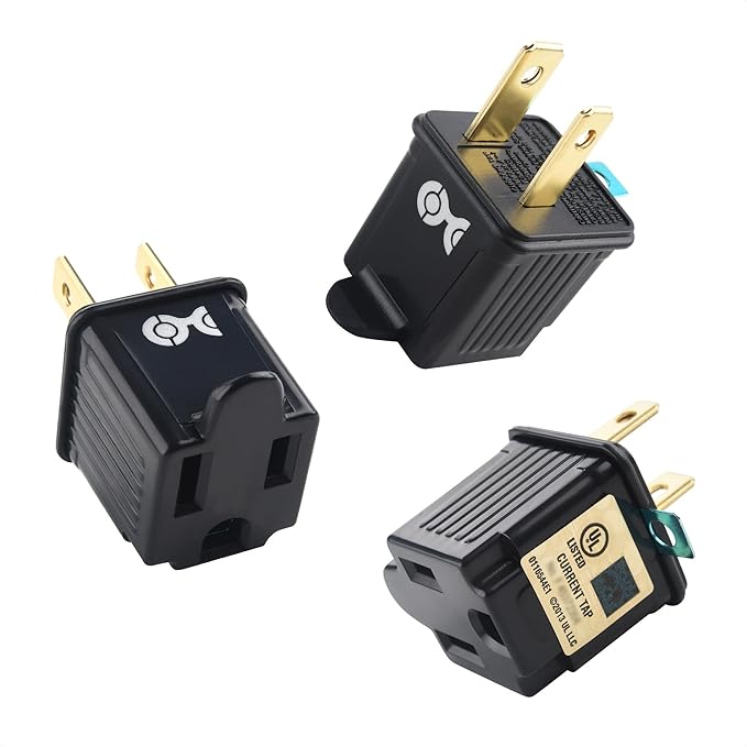 [UL Listed] Cable Matters 3-Pack 2 Prong to 3 Prong Outlet Adapter, 3P to 2P Plug Adapter - Converts a 2Prong Outlet to Support 3Prong Plugs, Black